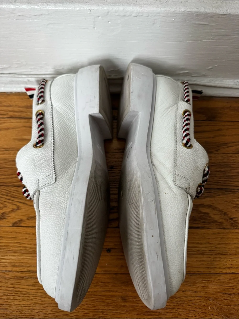 Thom Browne White Leather Boat Shoes with Red-Black-Cream Rope Laces